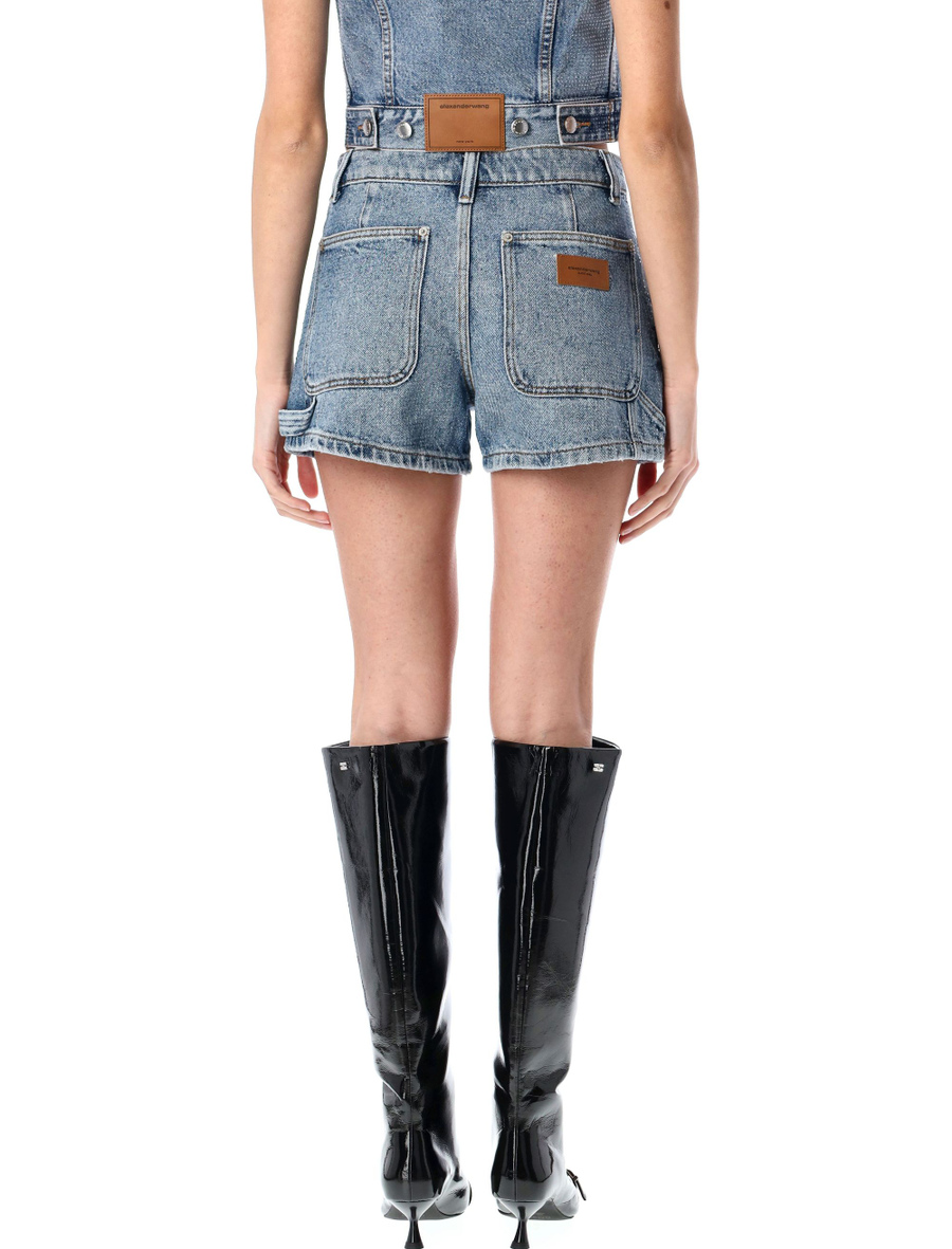 Clear Bead Hotfix high-waist workwear denim shorts - Spazio Pritelli